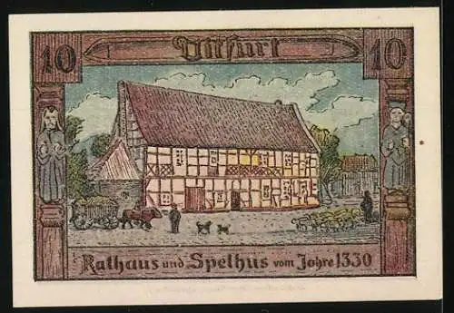 Notgeld Ditfurt, 1921, 10 Pf, Oller Wein und Junke Wiewer, Rathaus und Spelhus von 1330