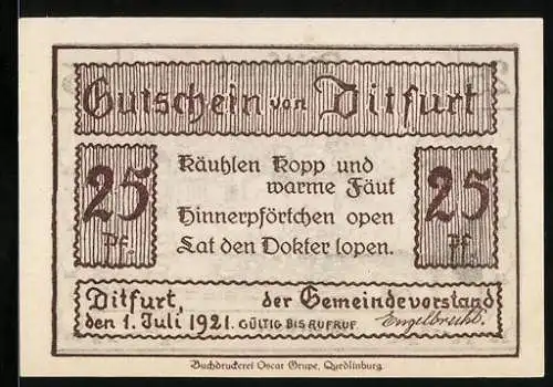Notgeld Ditfurt 1921, 25 Pfennig, Abbildung vom Ort und Gänse am Fluss