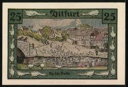 Notgeld Ditfurt 1921, 25 Pfennig, Abbildung vom Ort und Gänse am Fluss