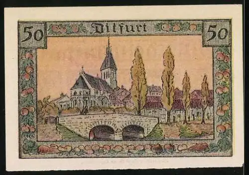 Notgeld Ditfurt, 1921, 50 Pf, Kirche und Brücke, Hett de Buer Geld, hett`s de ganze Welt