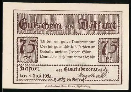 Notgeld Ditfurt 1921, 75 Pfennig, Burg und ländliche Szene vor tausend Jahren