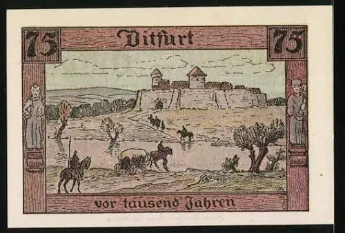 Notgeld Ditfurt 1921, 75 Pfennig, Burg und ländliche Szene vor tausend Jahren