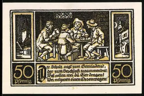 Notgeld Ditfurt, 1921, 50 Pfennig, Gemeindeversammlungsszene mit Biergelage