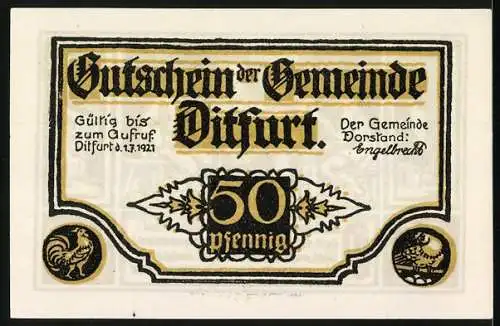 Notgeld Ditfurt, 1921, 50 Pfennig, Gemeindeversammlungsszene mit Biergelage