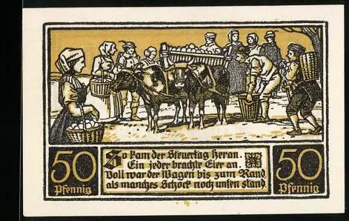 Notgeld Ditfurt, 1921, 50 Pfennig, Ochsenwagen am Steuertag mit Eiern beladen
