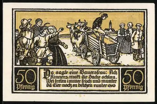 Notgeld Ditfurt 1921, 50 Pfennig, Szenen aus dem Dorfleben und Text mit Bauernfrau