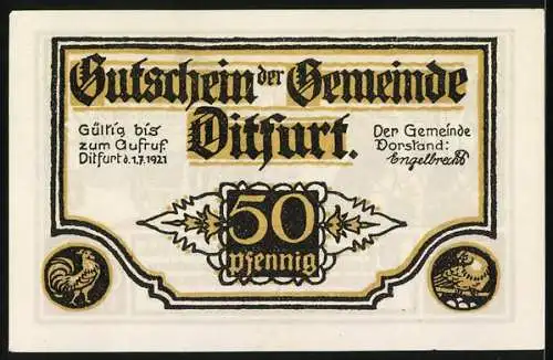 Notgeld Ditfurt 1921, 50 Pfennig, Szenen aus dem Dorfleben und Text mit Bauernfrau