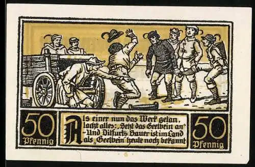 Notgeld Ditfurt 1921, 50 Pfennig, Szene von Bauern und Fuhrwerk