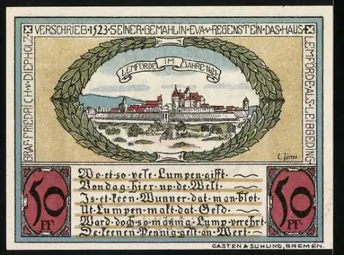 Notgeld Diepholz, 1921, 50 Pf, Ritter und Wappen, Schloss mit Gedicht