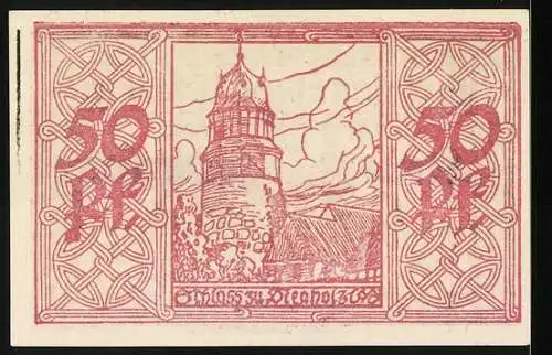 Notgeld Diepholz 1920, 50 Pfennig, rote Verzierungen mit Wappen und Schloss-Turm