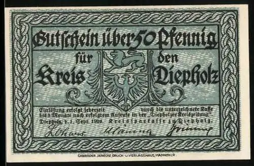 Notgeld Diepholz 1920, 50 Pfennig, Historisches Gebäude und Wappen in Blau
