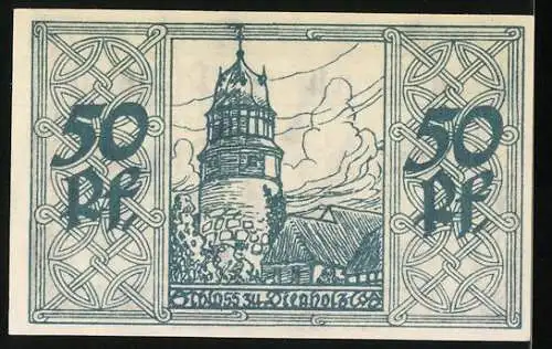 Notgeld Diepholz 1920, 50 Pfennig, Historisches Gebäude und Wappen in Blau