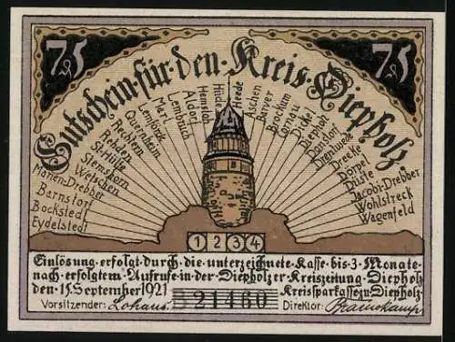 Notgeld Diepholz, 1921, 75 Pfennig, Mann jagt ein Schwein, Turm