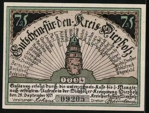 Notgeld Diepholz 1921, 75 Pfennig, Paar mit Schwein und Turm