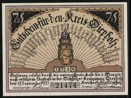 Notgeld Diepholz 1921, 75 Pfennig, Bauer zieht Schwein am Schwanz und Turm mit Städtenamen