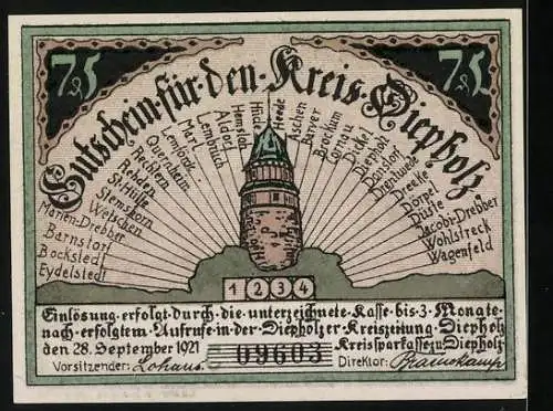 Notgeld Diepholz 1921, 75 Pfennig, Schweinezuchtgedicht und Turmabbildung