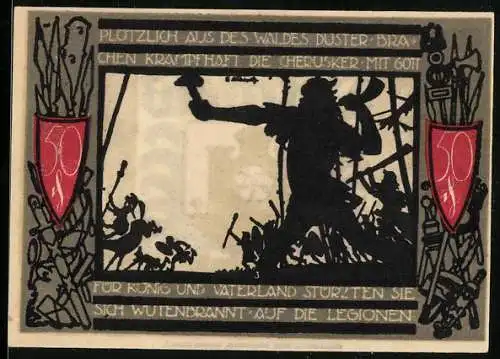 Notgeld Detmold 1920, 50 Pfennig, mit Cherusker-Krieger und Stadtwappen