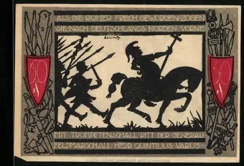Notgeld Detmold, 1921, 50 Pfennig, Stadtwappen und historische Szene mit Generalfeldmarschall Herr Quintilius Varus