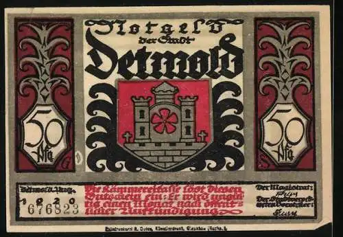 Notgeld Detmold, 1921, 50 Pfennig, Stadtwappen und historische Szene mit Generalfeldmarschall Herr Quintilius Varus