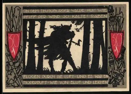 Notgeld Detmold, 1921, 50 Pfennig, Silhouette eines Kriegers im Wald und Stadtwappen mit Burg