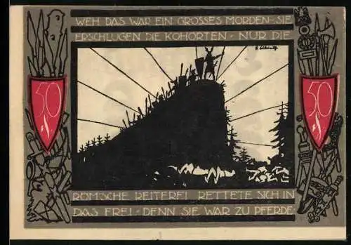 Notgeld Detmold 1920, 50 Pfennig, Burgturm und Kriegerdarstellung