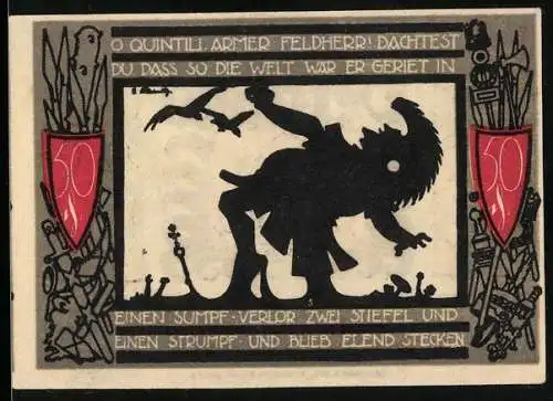 Notgeld Detmold, 1922, 50 Pfennig, Stadtsiegel mit Festung und Wappen, Feldherr Varus