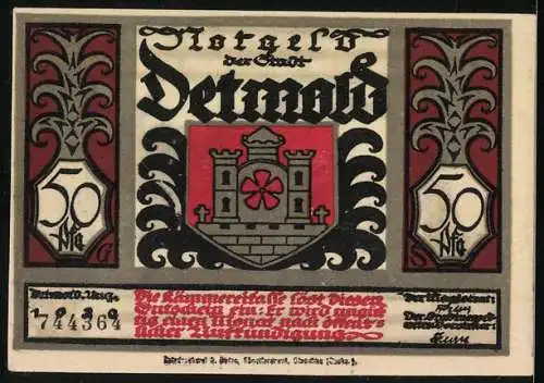 Notgeld Detmold, 1922, 50 Pfennig, Stadtsiegel mit Festung und Wappen, Feldherr Varus