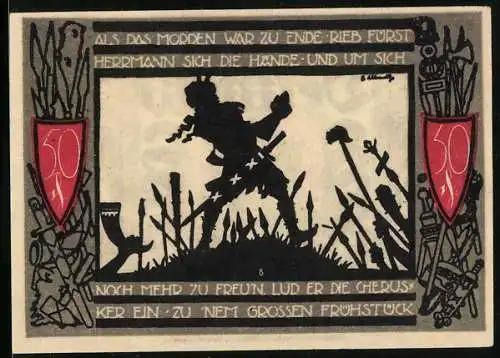 Notgeld Detmold, 1920, 50 Pfennig, Stilisiertes Stadtwappen und historische Szene mit Cherusker Fürst Hermann im Kampf
