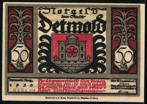 Notgeld Detmold, 1920, 50 Pfennig, Stilisiertes Stadtwappen und historische Szene mit Cherusker Fürst Hermann im Kampf