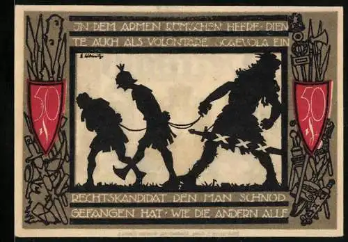 Notgeld Detmold 1920, 50 Pfennig, gefangene Römer, Wappen