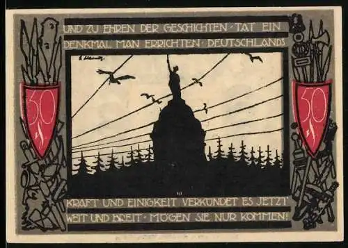 Notgeld Detmold 1920, 50 Pfennig, Wappen mit Zitat und Denkmal der Varusschlacht