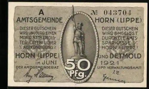 Notgeld Horn (Lippe), 1921, 50 Pfennig, Amtsgemeinde Gutschein mit Hermannsdenkmal und Reiterszene
