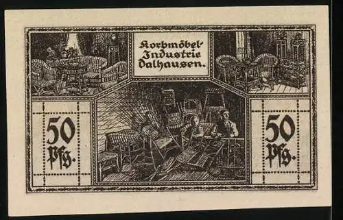 Notgeld Dalhausen 1921, 50 Pfennig, Korbmöbel-Industrie und religiöses Abbild