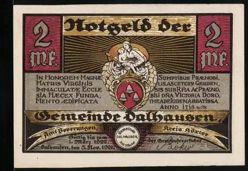 Notgeld Dalhausen 1921, 2 Mark, Wappen, Ortsansicht