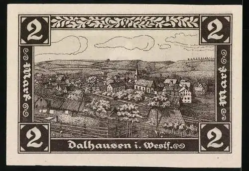 Notgeld Dalhausen 1921, 2 Mark, Wappen, Ortsansicht