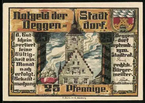 Notgeld Deggendorf, 1920, 25 Pfennig, Stadtansicht mit Turm und Gebäude, Wappen, Seriennummer 033574