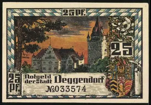 Notgeld Deggendorf, 1920, 25 Pfennig, Stadtansicht mit Turm und Gebäude, Wappen, Seriennummer 033574