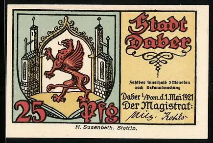 Notgeld Daber 1921, 25 Pfennig, Stadtwappen und Ruine im Daber