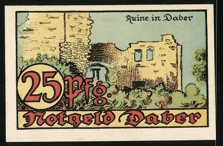 Notgeld Daber 1921, 25 Pfennig, Stadtwappen und Ruine im Daber