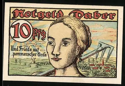 Notgeld Daber 1921, 10 Pfennig, Bäuerin mit Landschaft und Stadtwappen