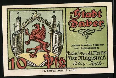Notgeld Daber 1921, 10 Pfennig, Bäuerin mit Landschaft und Stadtwappen