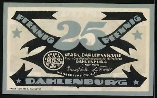 Notgeld Dahlenburg 1920, 25 Pfennig, Grafik mit Stadtsilhouette und historischem Text