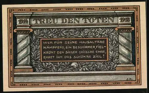 Notgeld Coblenz-Neuendorf 1921, 50 Pfennig, Gutschein mit floralen Mustern und Ehreninschrift Treu den Toten