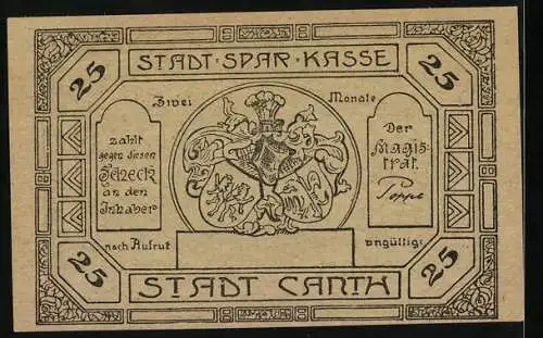 Notgeld Canth, 25 Pfennig, Stadtansicht und Stadtwappen