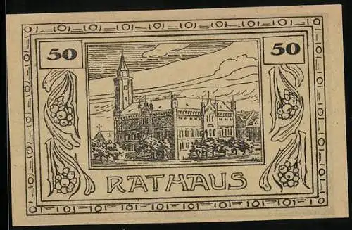 Notgeld Canth, 50 Pfennig, Rathaus und Stadtwappen
