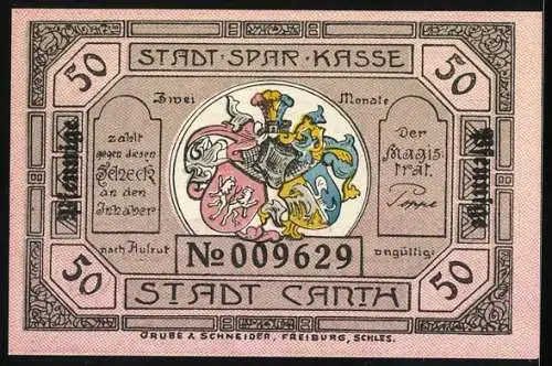 Notgeld Canth, 50 Pfennig, Rathaus-Abbildung und Stadtwappen