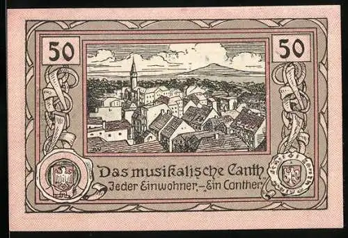 Notgeld Canth, 1921, 50 Pfennig, Stadt-Ansicht und Wappen der Stadt Canth