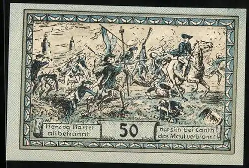 Notgeld Canth, 50 Pfennig, Herzog Bartel mit Soldaten im Kampf und Stadtwappen