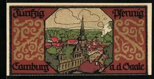 Notgeld Camburg 1921, 50 Pfennig, Stadtansicht und Heiligenfigur