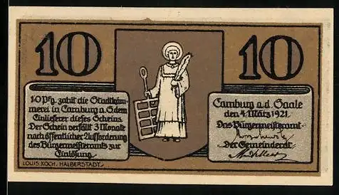 Notgeld Camburg a.d. Saale, 1921, 10 Pfennig, Heilige Figur und Landschaft mit Burg